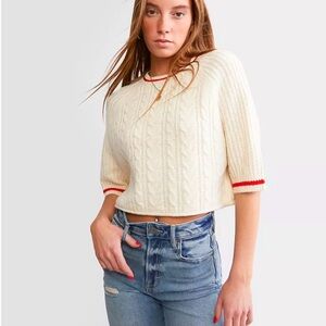 Fitz + Eddie Cropped Cable Knit Sweater with Red Accents